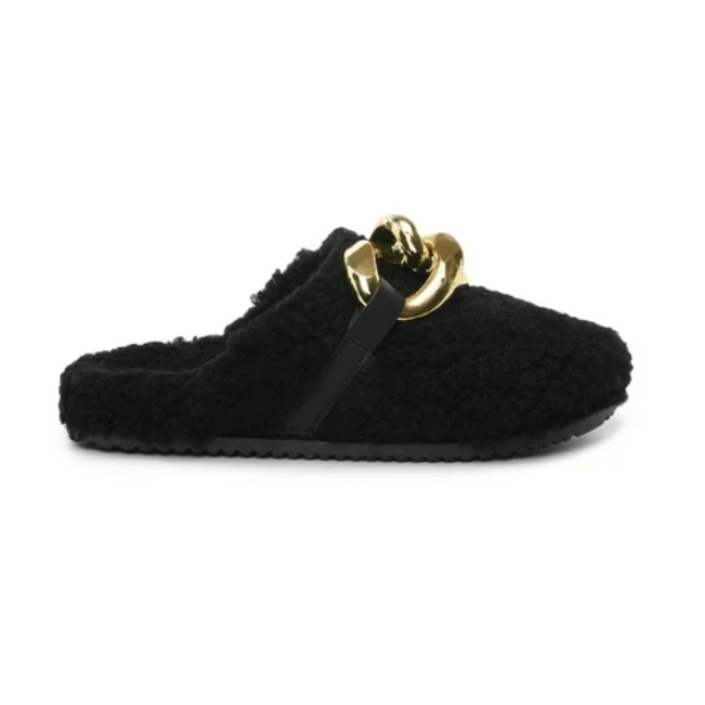 HIP CHUNKY CHAIN DETAIL CLOSED TOE SLIPPER IN BLACK FAUX SHEARLING